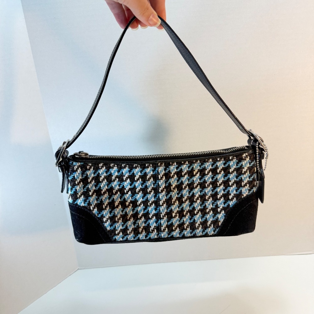 Coach Shoulder Bag Women Small Blue Houndstooth Tweed Suede Vintage Y2K Baguette